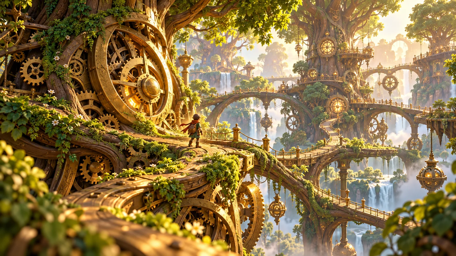 Clockwork Wilds concept art of a mechanical woodland and explorer