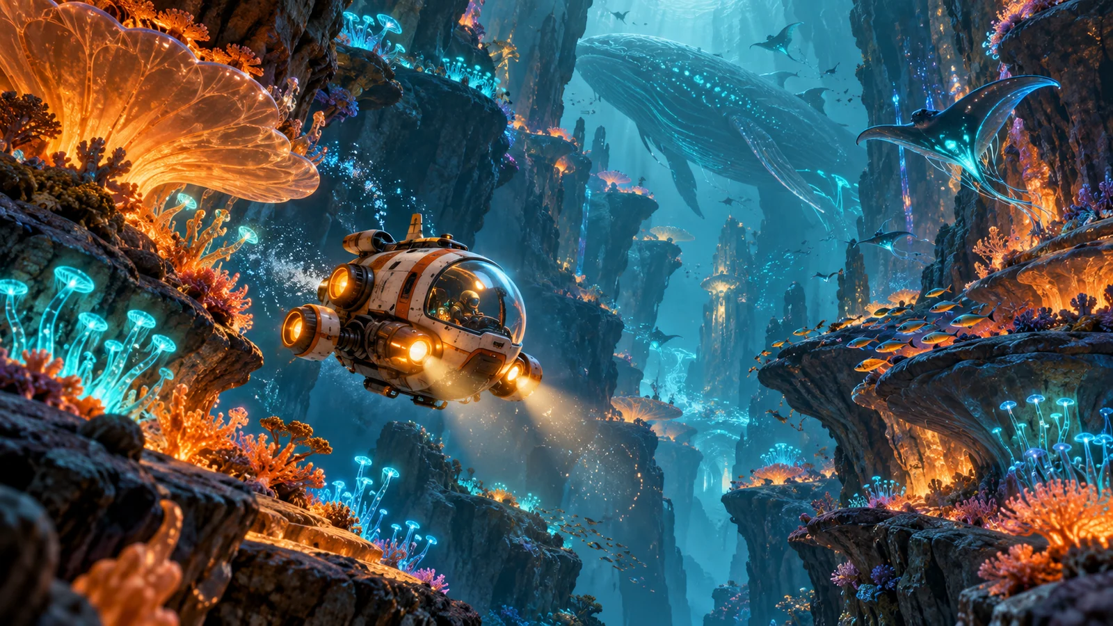 Lumen Reef concept art of a small submersible in a glowing underwater canyon