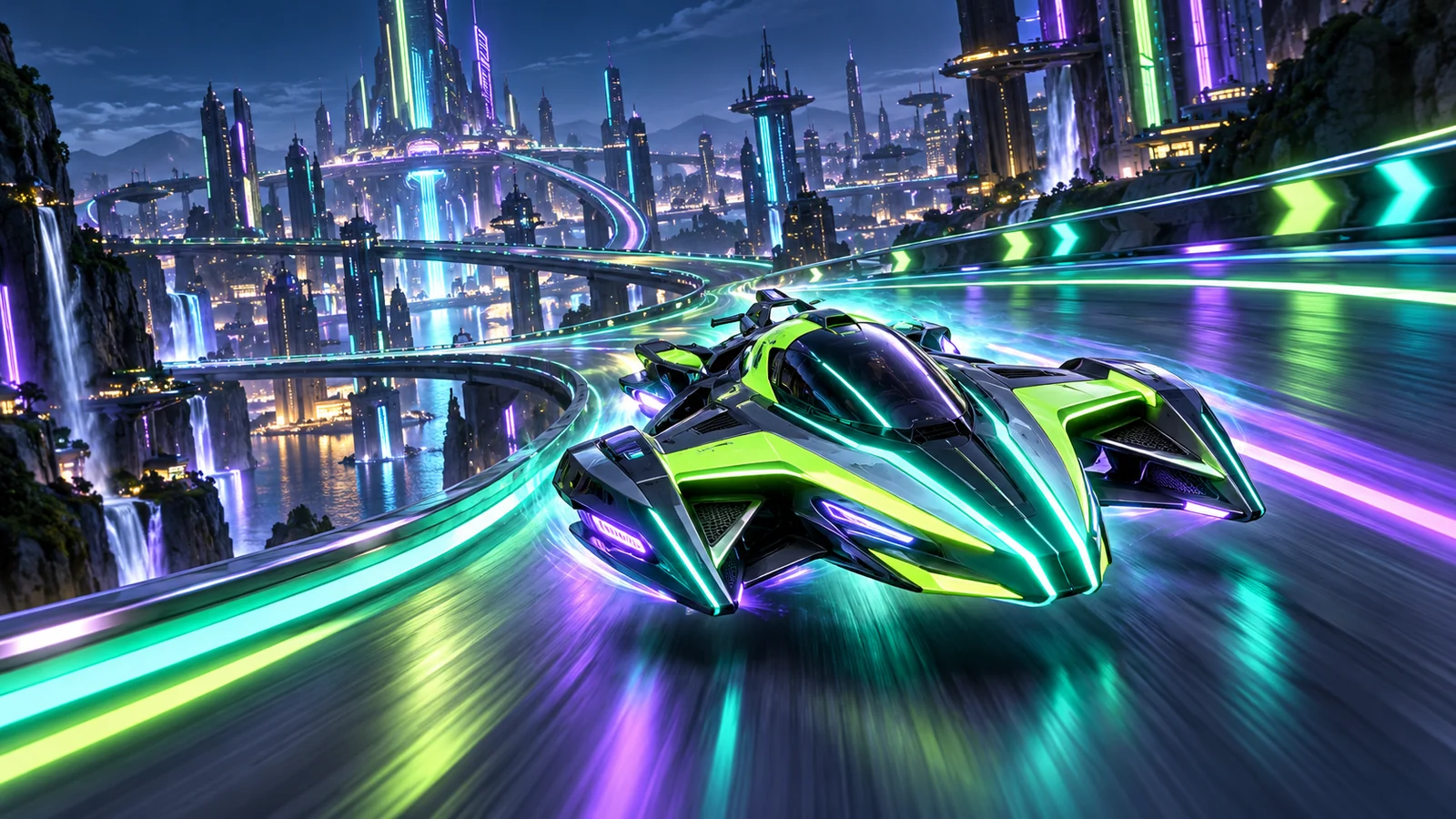Futuristic hover racer speeding through a neon city